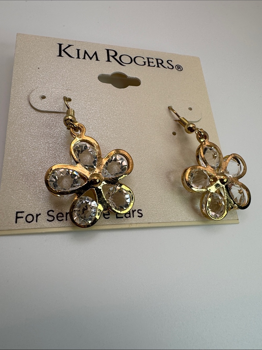 Kim Rogers Gold Flower Crystal Drop Earrings - Clear Stones